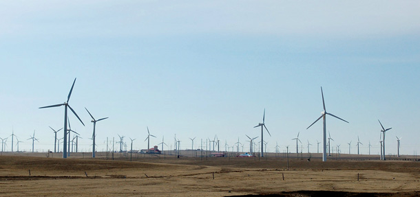 Wind power turbines at a wind power plant in Ulanqab, which is in north China's Inner Mongolia Autonomous Region. (AP/Xinhua, Li Rui)
