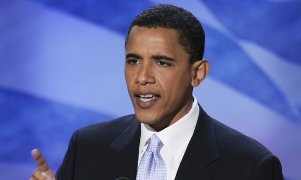 Then-Illinois State Sen. Barack Obama gives the keynote address at the Democratic National Convention on Tuesday, July 27, 2004, in Boston. (AP/Ron Edmonds)
