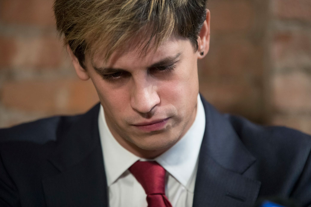 Milo Yiannopoulos speaks during a news conference, February 2017. (AP/Mary Altaffer)