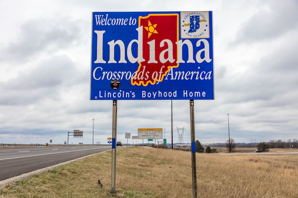 A road sign along Interstate 70 welcomes drivers to Indiana.