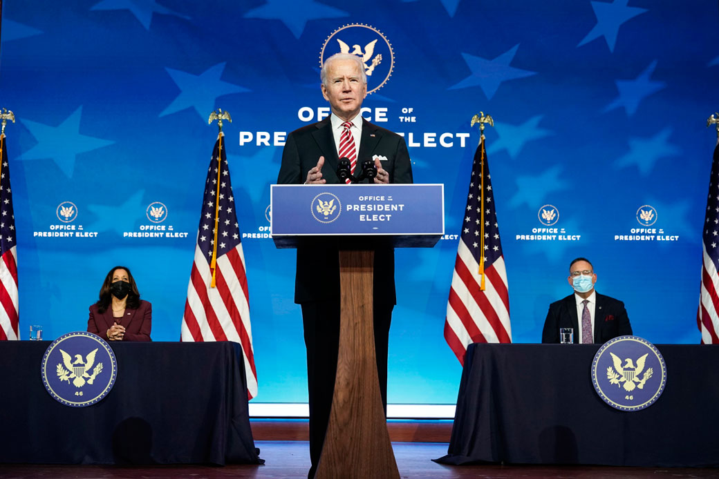 Then-President-elect Joe Biden announces Miguel Cardona as his nominee for education secretary during an event at the Queen Theatre in Wilmington, Delaware, on December 23, 2020. (Getty/Joshua Roberts)