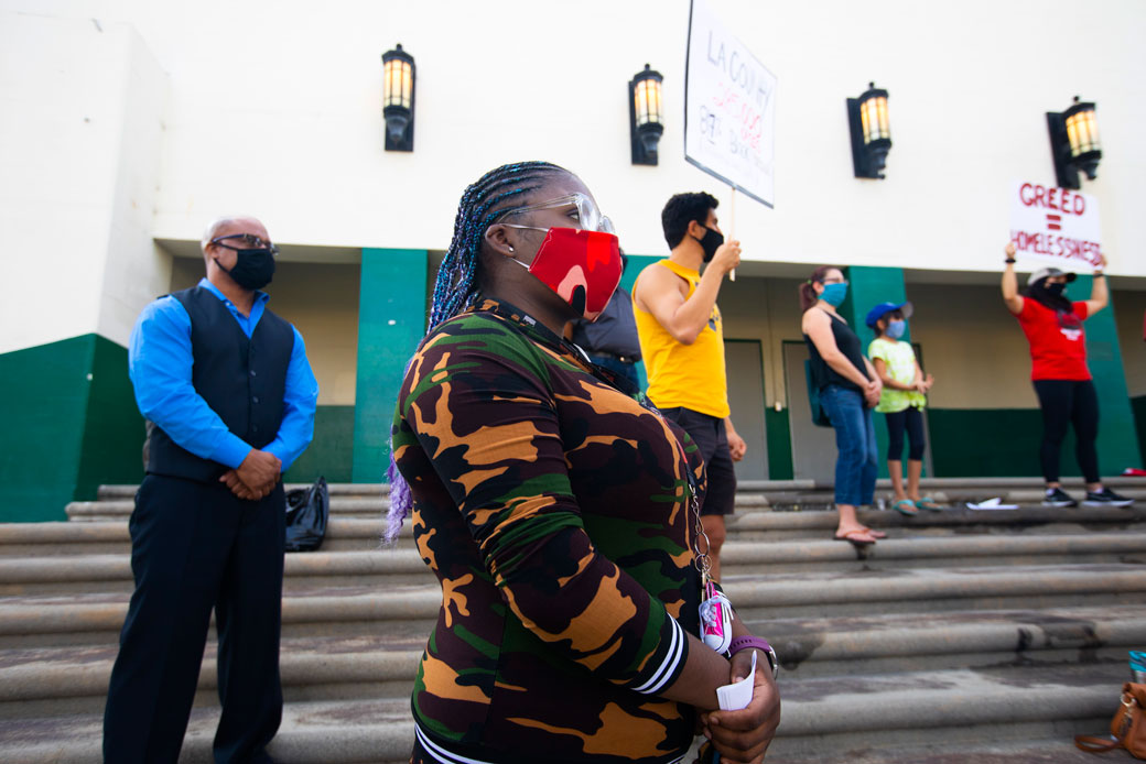 A Los Angeles high school student attends a press conference on the health risks of reopening schools without strong safety measures amid the COVID-19 pandemic, October 2020. (Getty/Los Angeles Times/Francine Orr)