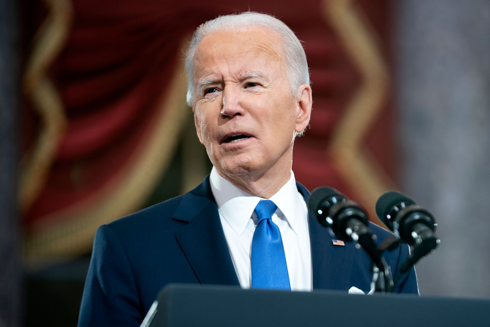 President Joe Biden gives remarks in Statuary Hall of the U.S Capitol.