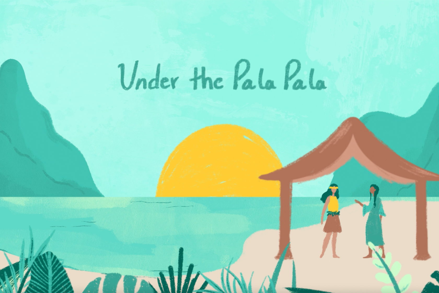 This image is a graphic depicting an illustrated pala pala, or a small structure used as shelter from the sun and rain, with two figures beneath it, with the sun setting over water and mountains in the background.