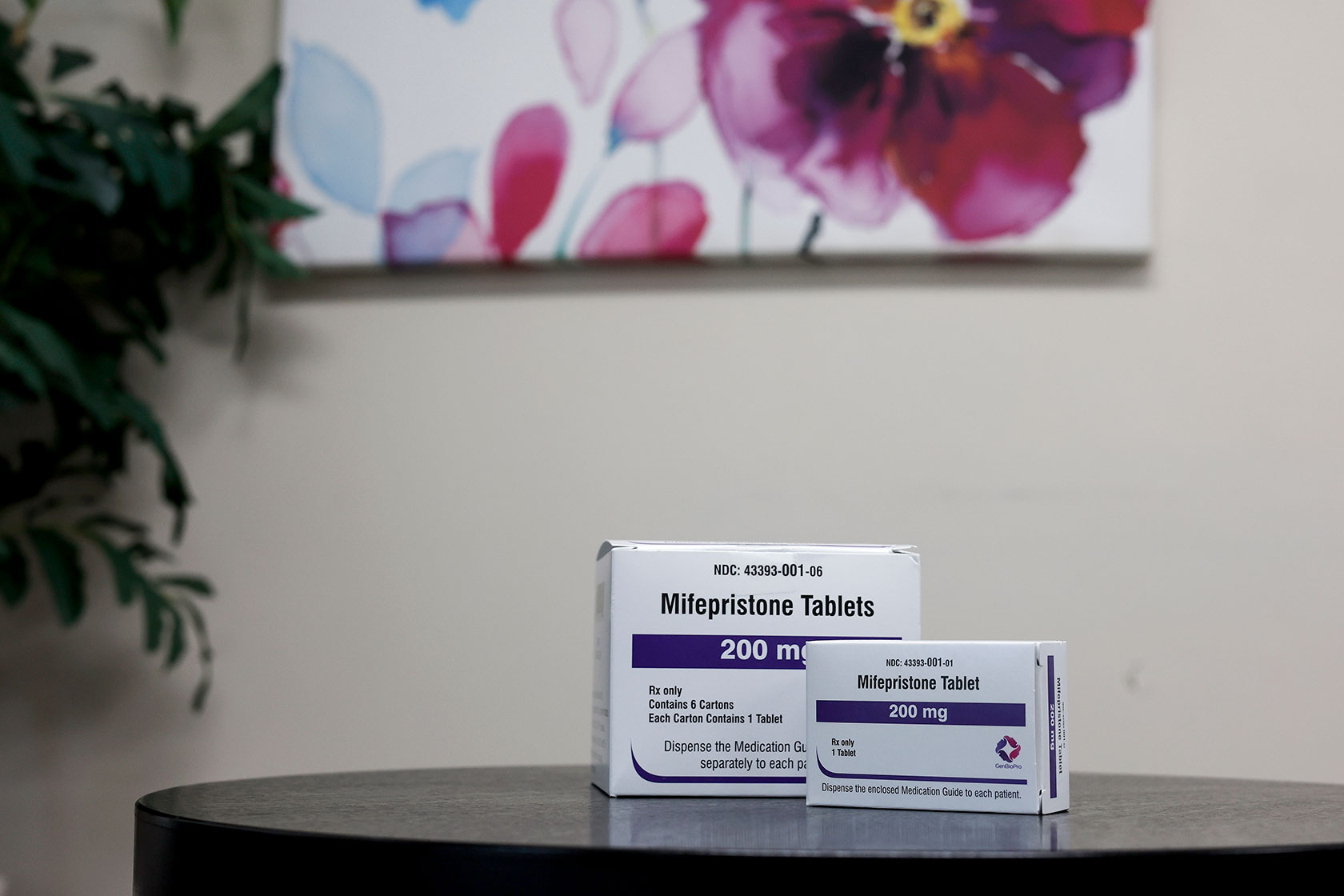 Packages of mifepristone are displayed at a family planning clinic.